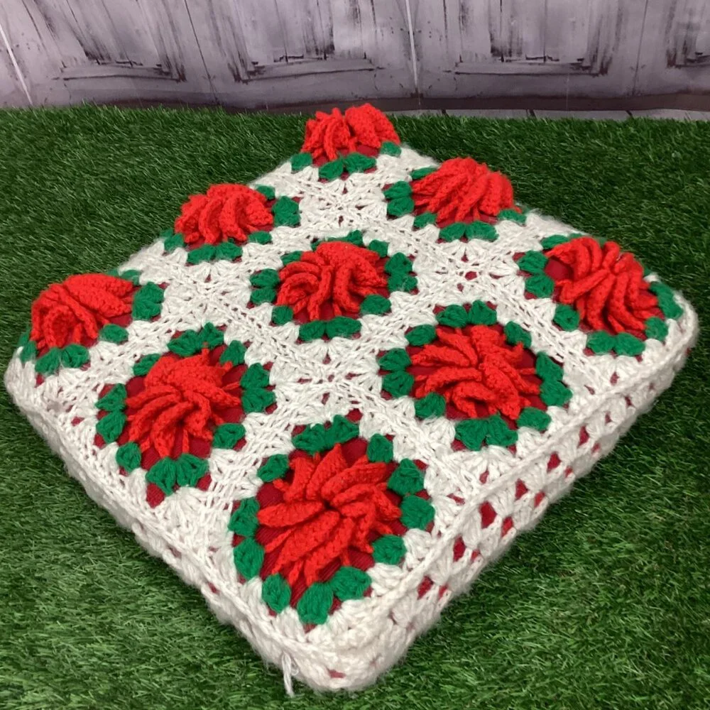 Vintage Crochet Rose Flower Pillow Raised